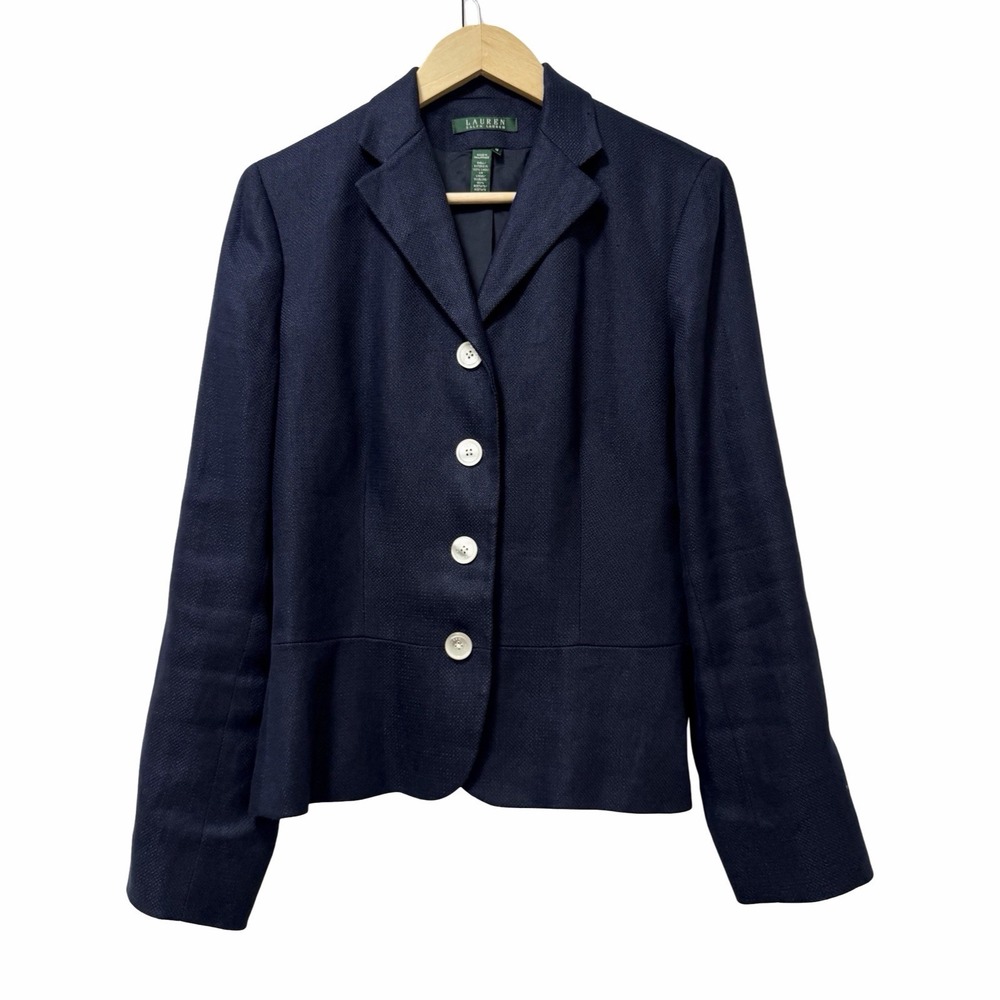 Vintage Lauren Ralph Lauren Womens Textured Linen Blazer Size 12 Navy Old Money